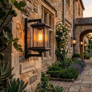 Puede incluir: Lámpara de exterior montada en la pared, con acabado en metal oscuro y bombilla cálida. La linterna está fijada a una pared de ladrillo con una placa que dice "AmberaHome". La escena incluye un camino de piedra y vegetación.