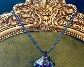 D20 dice necklace with 20 inch navy blue nylon cord