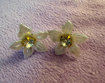 Acrylic floral earrings with rhinestone centers and stainless steel posts