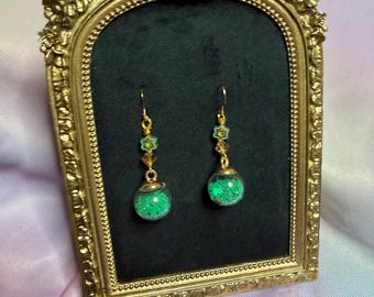 Ready for the holidays! Green and gold drop ornament earrings