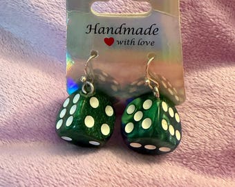 Green dice earrings with sterling hooks