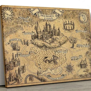 May include: A framed canvas print of a detailed map of Hogwarts and its environs. The map is in sepia tones with black line art, featuring the castle, surrounding areas, and text labels. The sun and moon are depicted in the upper corners.