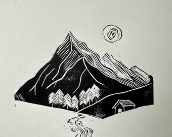 Berg, meerlandschap, linosnede, handgemaakt en bedrukt