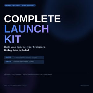 Może przedstawiać: Reklama produktu cyfrowego na ciemnoniebieskim tle. Tekst "COMPLETE LAUNCH KIT" jest w kolorze białym i niebieskim. Poniżej widnieje napis "Build your app. Get your first users. Both guides included." Wymieniono dwa przewodniki.
