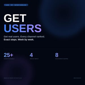 Może przedstawiać: Grafika cyfrowa z napisem "GET USERS" dużymi białymi i fioletowymi literami. Poniżej tekst brzmi "Get real users. Every channel ranked. Exact steps. Week by week." Dodatkowy tekst zawiera "25+ Growth Channels", "4 Tiers by Impact" i "8 SaaS Markets Mapped."