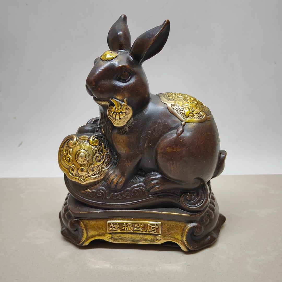Bronze Rabbit Statue – Zodiac Animal With Ruyi Scepter, Feng Shui Home ...