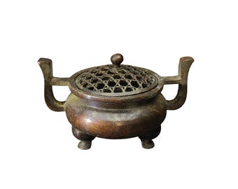 Quemador de incienso de bronce antiguo (tapa con efecto craquelado de hielo, asas en forma de puente, 3 patas, decoración Feng Shui)