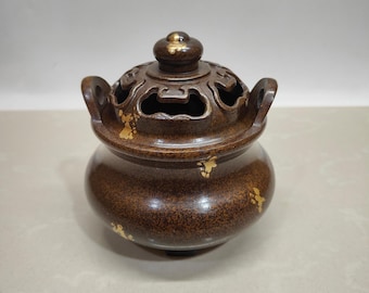 Chinese Bronze Incense Burner – Gold Splash, Ruyi Lid, Zen Tea Ceremony Censer