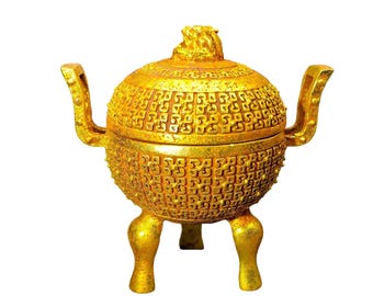 Vintage Gold Plated Bronze Censer-Tripod, Archaistic Ding, Feng Shui, Incense Burner, Altar Decor