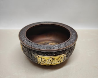 Antique Gilded Bronze Wealth Bowl, Feng Shui, Auspicious, Money Toad
