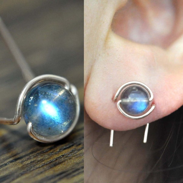 The Eye / Labradorite - 14k gold filled, solid sterling silver, rose gold filled, double post earring, double piercing, unique earring