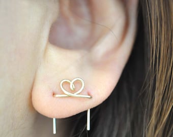 Tiny Heart - 14k gold filled, solid sterling silver, double Hole Earrings, two hole earrings, double piercing, small heart piercing