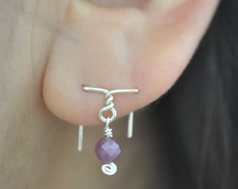 Silver Rope / Natural Ruby - double post earring, double piercing, two hole earring, solid sterling silver, 14k gold filled, unique piercing