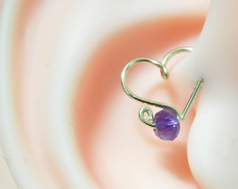 Tiny Heart Daith Hoop Piercing/Amethyst/14k Gelbgold filled/Daith Ohrring/Helix Herz Hoop/Helix Herz Ohrring/Gold Herz/Knorpel Herz