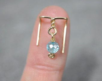 Gold or Silver Rope / Blue Topaz - double piercing, double post earring, two hole earring, unique piercing, 14k gold filled, solid silver