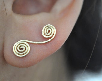 Hammered Gold Double Spiral Ear Climber Earring/14k gold filled/ear crawler/ear sweep/solid silver ear climber/rose gold filled ear climber