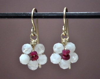 Natural Rainbow Moonstone Flower Earrings/Natural Red Ruby Flower Dangle Earrings/Sterling Silver/14k goldfill/June July birthstone jewelry