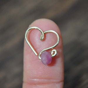 14k Gold Filled Heart Cartilage Hoop Earring, pink tourmaline, tiny hoop piercing, cartilage daith, helix, nose hoop, small heart, tragus