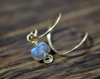 Spiral/labradorite - double piercing, 14k gold filled, solid sterling silver, two hole earring, modern unique earrings