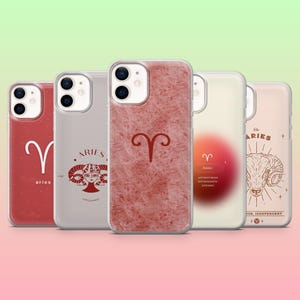 Puede incluir: Cinco fundas para smartphone con diseños del zodiaco Aries. Las fundas muestran varios esquemas de color rojo y crema, incluyendo una textura de mármol, una ilustración de carnero y el símbolo de Aries con textos como 'Aries'.