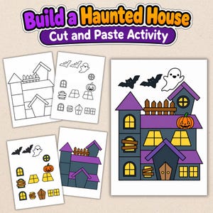 May include: A Build a Haunted House Cut and Paste Activity set featuring printed sheets with black and white outlines and colored illustrations of a multi-story house, bats, a ghost, a pumpkin, and various window and door shapes.