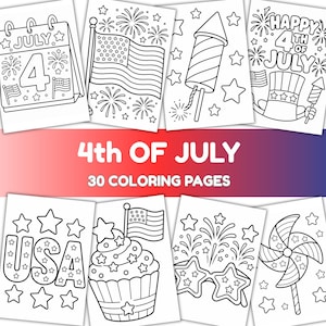 May include: A collection of 30 black and white coloring pages featuring 4th of July themes. Designs include a calendar marked July 4th, American flags, fireworks, rockets, a top hat, a cupcake with a flag, star-shaped glasses, and a pinwheel.