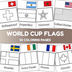 Könnte beinhalten: Ein Set aus 50 Malvorlagen mit dem Titel World Cup Flags, das schwarz-weiße Strichzeichnungen von Nationalflaggen wie der Schweiz, Argentinien, Marokko, den USA, Schweden, der Elfenbeinküste, Frankreich und Kanada mit farbigen Referenzsymbolen zeigt.