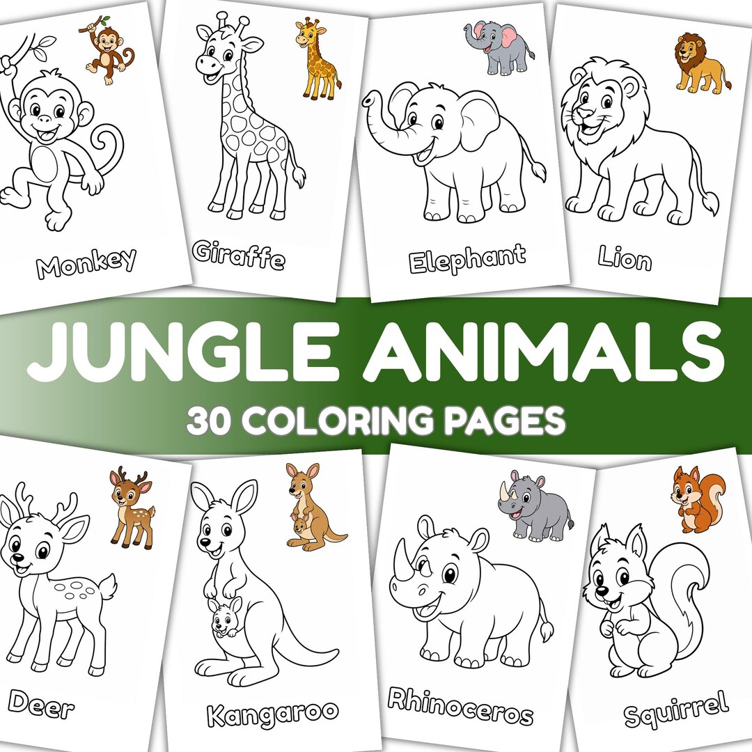 30 Jungle Animals Coloring Pages for Kids, Jungle Animal Coloring Book ...