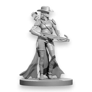 May include: A gray unpainted miniature figurine of an elf ranger wearing a wide-brimmed hat, armor, and a long coat. The figure holds a crossbow in both hands and carries a quiver of arrows on the back, standing on a circular base.