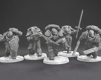 Space Knight Assault Squad Miniatures 28mm 32mm Resin Unprimed Sci Fi Tabletop Wargaming Proxy Soldiers Shield Axe Set