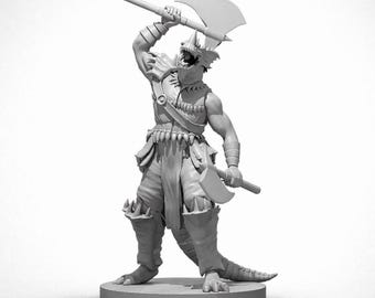Barbarian Miniature, Blue Dragonborn with Dual Axes, 28mm/32mm Resin Figure