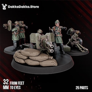 May include: A set of miniature soldier figurines in olive green uniforms with a field gun, mortar, and anti-tank weapon. The figures are positioned on black circular bases. Text on the image reads DakkaDakka.Store, 32 MM FROM FEET TO EYES, 25 PARTS.