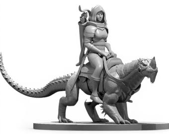 Female Elf Miniature Drake Mount, 28mm Unpainted Resin Tabletop Figure