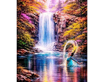 Lámina de aluminio con diseño de sirena, arte mural de metal con cascada fantástica, decoración de lujo con temática oceánica, obra de arte de sirena de ensueño.