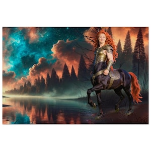 May include: A digital art print depicts a centaur with red hair and gold armor standing in a forest near a lake. The background features a colorful sky with orange, blue, and purple hues, and the water reflects the sky and trees.