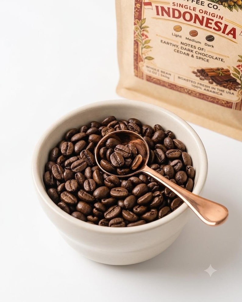 May include: A beige ceramic bowl filled with dark roasted whole coffee beans and a copper-toned metal spoon. Behind the bowl is a tan coffee bag labeled Indonesia, noting flavor profiles of earthy, dark chocolate, cedar, and spice.