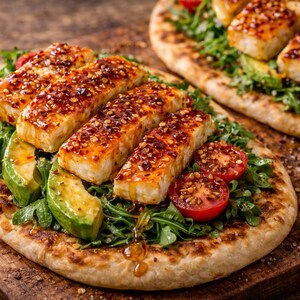 May include: Two flatbread pizzas topped with grilled tofu, avocado slices, arugula, and halved cherry tomatoes. The tofu is glazed with a reddish-brown sauce and sprinkled with seeds. The pizzas sit on a wooden cutting board.