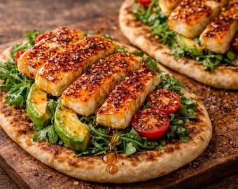 Ricetta PDF della focaccia con halloumi e miele piccante / Pasto gourmet ad alto contenuto proteico / Focaccia dolce e piccante