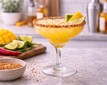 Carte recette de margarita à la mangue épicée, cocktail à imprimer, boisson estivale, guide de margarita facile, décoration de chariot de bar