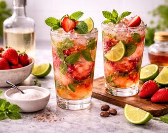 Tarjeta de receta de mojito de fresa, guía de bebidas de verano, cóctel estilo bar (PDF)