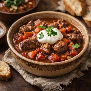 May include: A close-up shot of a bowl of chili, featuring chunks of meat and diced tomatoes in a rich, red broth. A dollop of white cream and fresh parsley garnish the top. Slices of bread are visible in the background.
