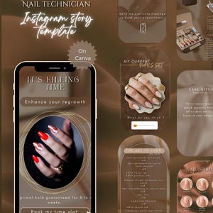 Peut inclure: Modèle de story Instagram pour une technicienne ongulaire, avec un thème marron et beige. Le modèle comprend du texte tel que "It's Filling Time" et "Book my time slot". L'image montre également une main avec du nail art rouge et blanc.