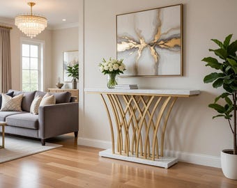 Mesa consola dorada de 150 cm, mesa de entrada moderna de imitación mármol, mesa de recibidor de lujo con base de metal, mesa de sofá glamurosa para sala de estar