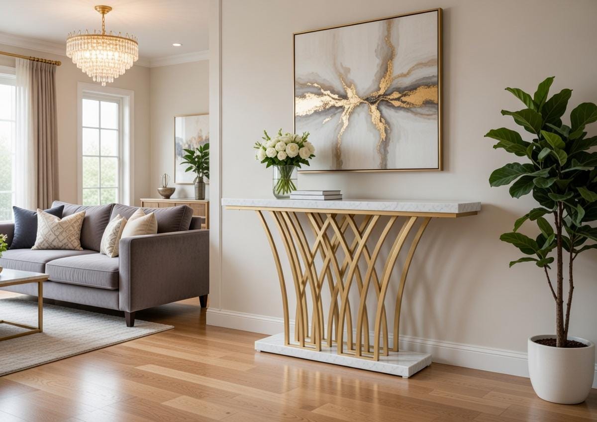 Table Console Dorée 150 cm, Table D'entrée Moderne Imitation Marbre, De Couloir Luxueuse Avec Base En Métal, Canapé Salon Glamour