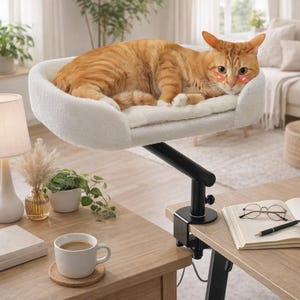 Rotating Desk Cat Bed 360 Adjustable Cat Hammock for Table Wooden Cat Perch Soft Cozy Office Cat Bed Space Saving