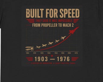 T-shirt vintage Concorde – Maglietta a tema aviazione "Built For Speed" – Grafica del jet supersonico – Regalo per piloti – Evoluzione dell'aviazione 1903–1976