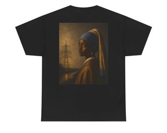 STATIC FIELDS™ 005 – Lumen | Vermeer Inspired Portrait T-Shirt | Pearl Earring Artwork | Electric Landscape Back Print Tee