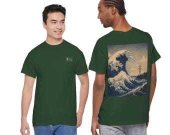 STATIC FIELDS™ 004 – Tidal Current | Great Wave Inspired Ukiyo-e Landscape | Japanese Style Electric Grid Art | Premium Back Print T-Shirt