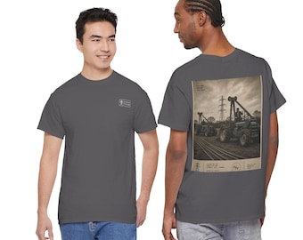 Static Fields™ – Pulling the Line | Vintage Cable Pullers & Pylon Men’s Heavy Equipment T-Shirt | Industrial Heritage Back Print