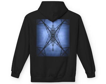 Static Fields Looking Up Pylon Hoodie Industrial Geometry Graphic Utility Infrastructure Streetwear Unisex Pullover